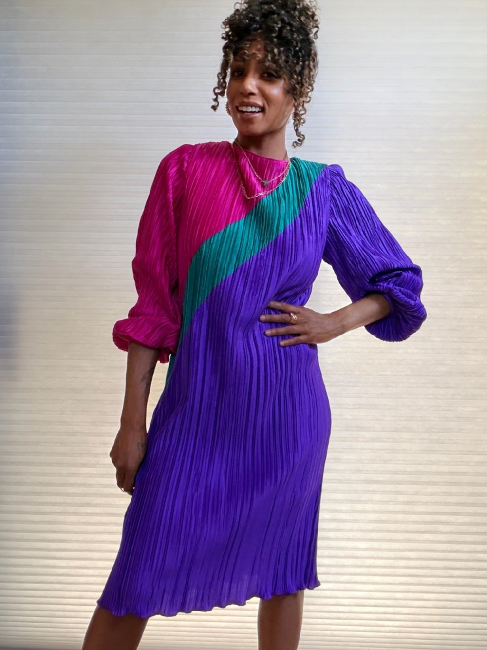 Vintage 80s Lisa Michaels Pleated Colorblock Dress - Picture 2 of 11